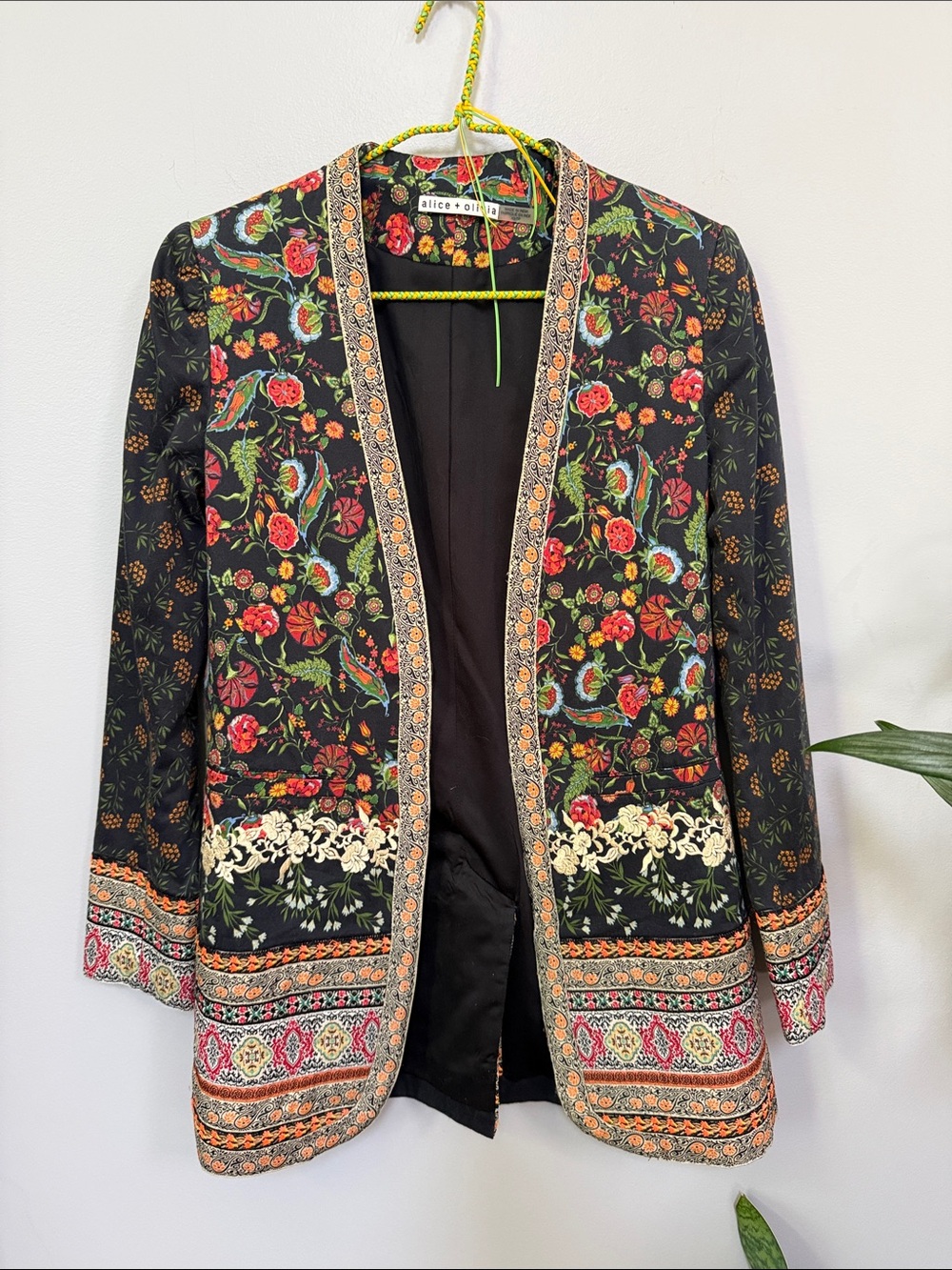 Alice + Olivia Black Embroidered Floral Open Jacket